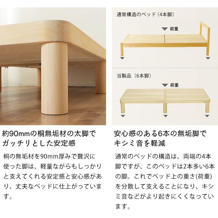 6本の無垢太脚でガッチリとした安定感のすのこベッド（桐材）
