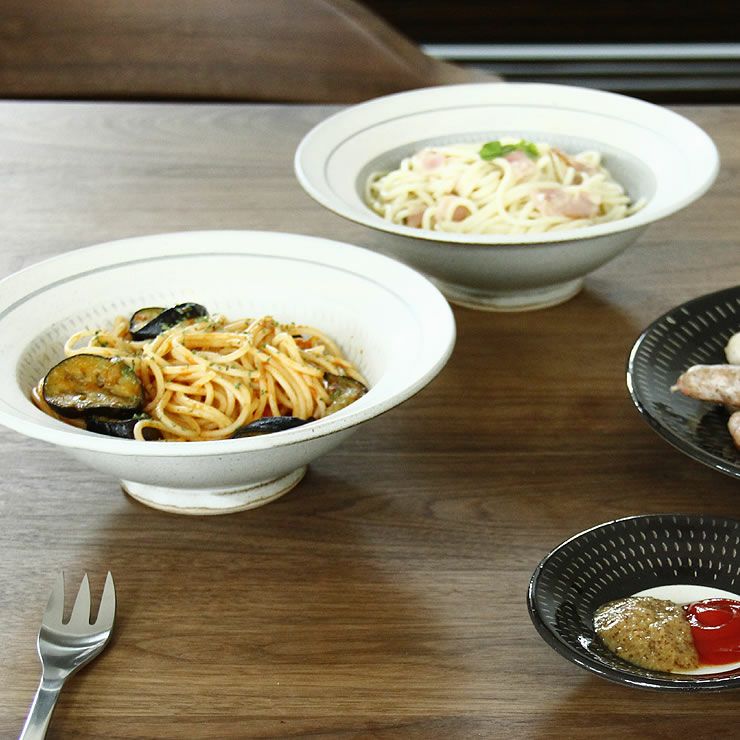 鶴見窯（つるみがま）小石原焼 パスタ皿白×グレー ライン 陶芸・作家