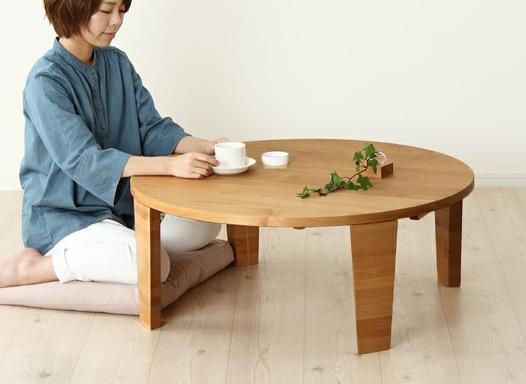 ちゃぶ台　90cm 座椅子付き アルダー無垢材のちゃぶ台 90cm丸 折りたたみ（ちゃ ちゃぶ台