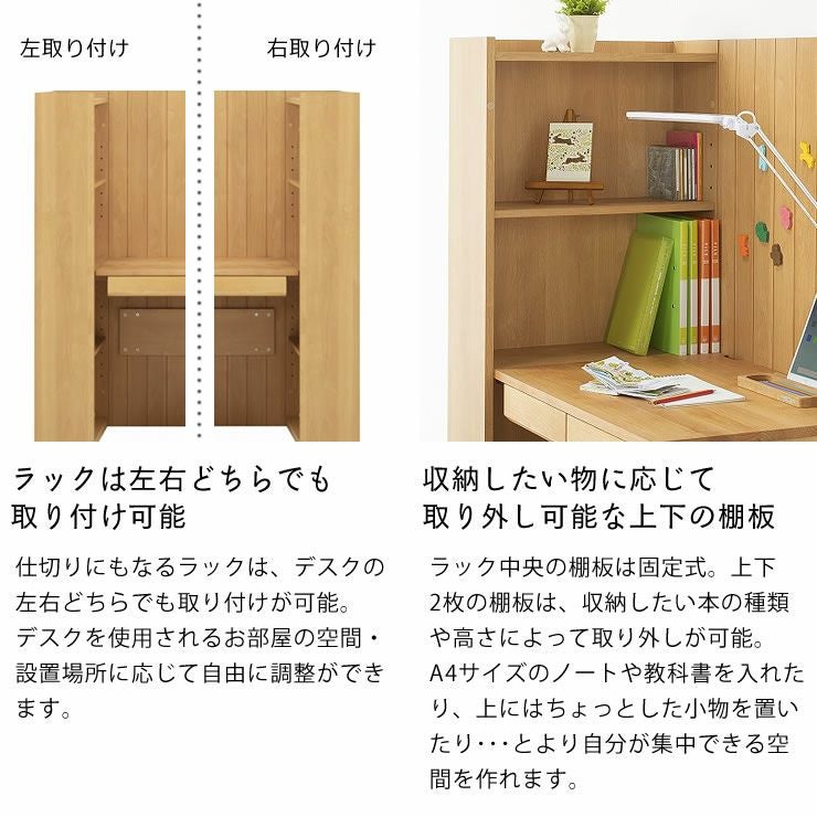 ラックは左右どちらでも取り付け可能な学習机セット