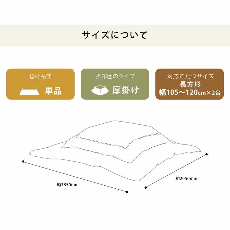 超大判サイズ こたつ布団　厚掛け単品 205cm×385cm　「長方形105～120cm」×2台用_詳細16