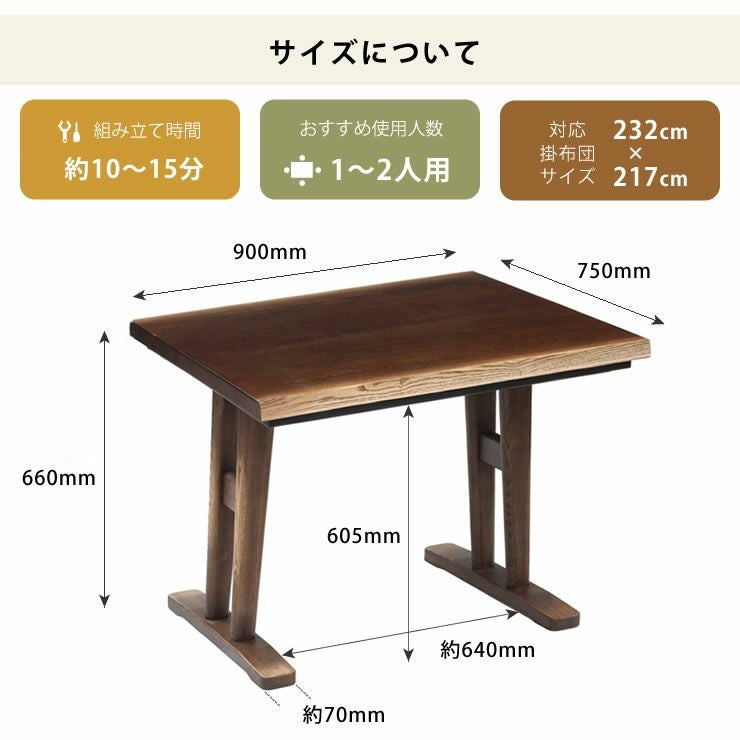 ダイニングコタツ・こたつ長方形 90 こたつテーブル（ハイタイプ