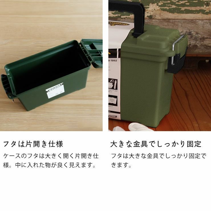 緊急防災キットツールアイテムのフタは片開き仕様・大きな金具でしっかり固定
