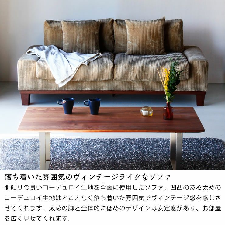 落ち着いた雰囲気のヴィンテージライクなソファ3人掛け（クッション付き）