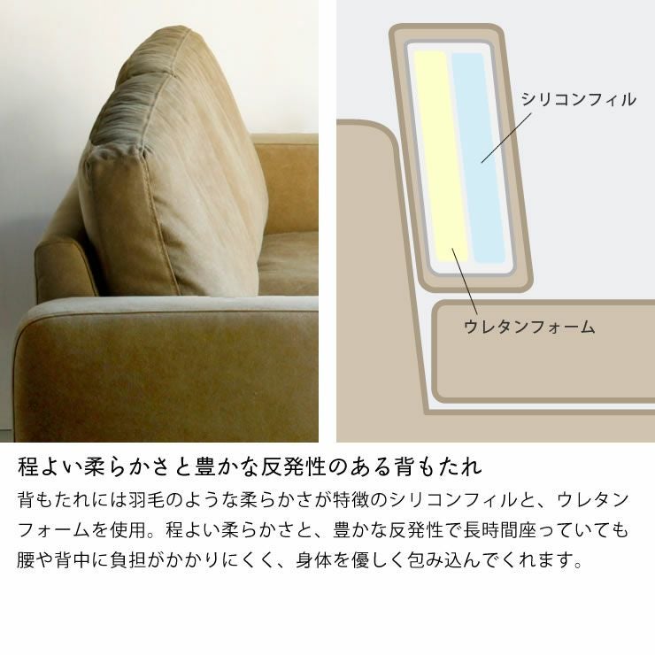 程よい柔らかさと豊かな反発性のある背もたれのソファ3人掛け（オットマン付き）