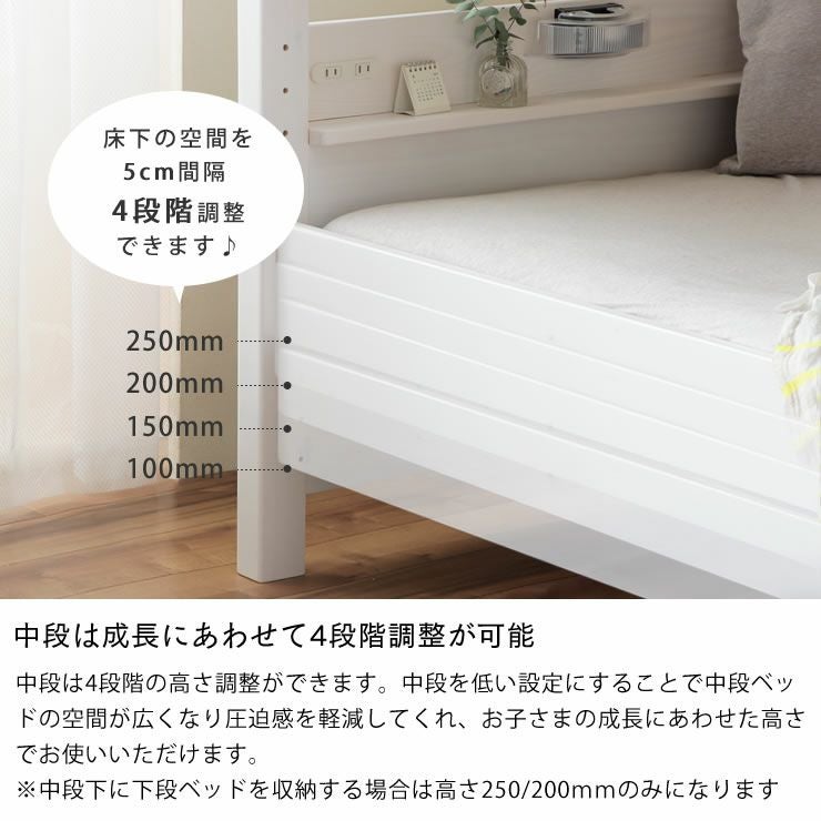 丈夫な作りで安心して使えるやさしいホワイトカラーの 三段ベッド｜3段