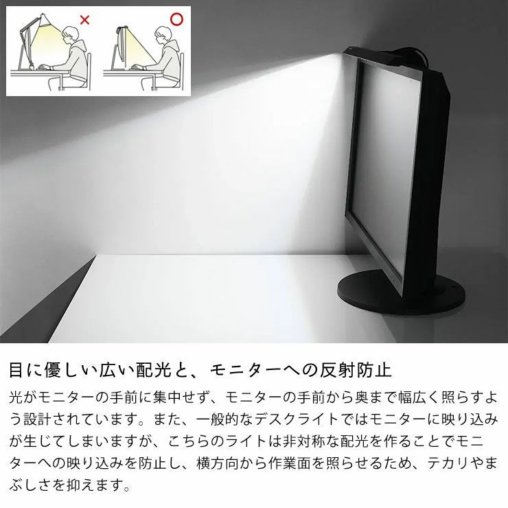 目に優しい広い配光とモニターへの反射防止ができるクリップライト