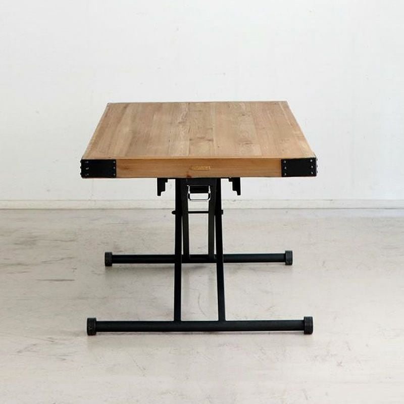 古材と黒スチールを組み合わせたヴィンテージ調の昇降テー 昇降