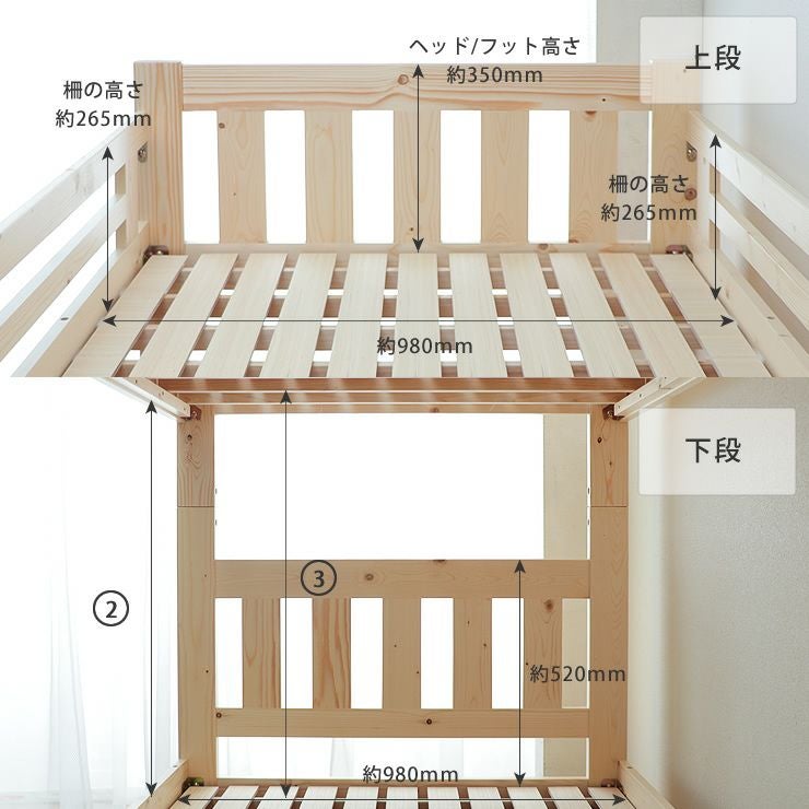 パイン無垢材二段ベッドのサイズについて（上下段）