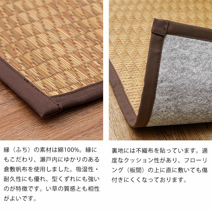 縁（ふち）の素材は綿100%、裏地には不織布を貼ってある国産い草ラグ（80×160cm）