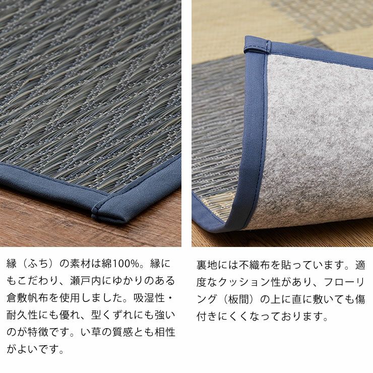 縁（ふち）の素材は綿100%、裏地には不織布を貼ってある国産い草ラグ（80×160cm）