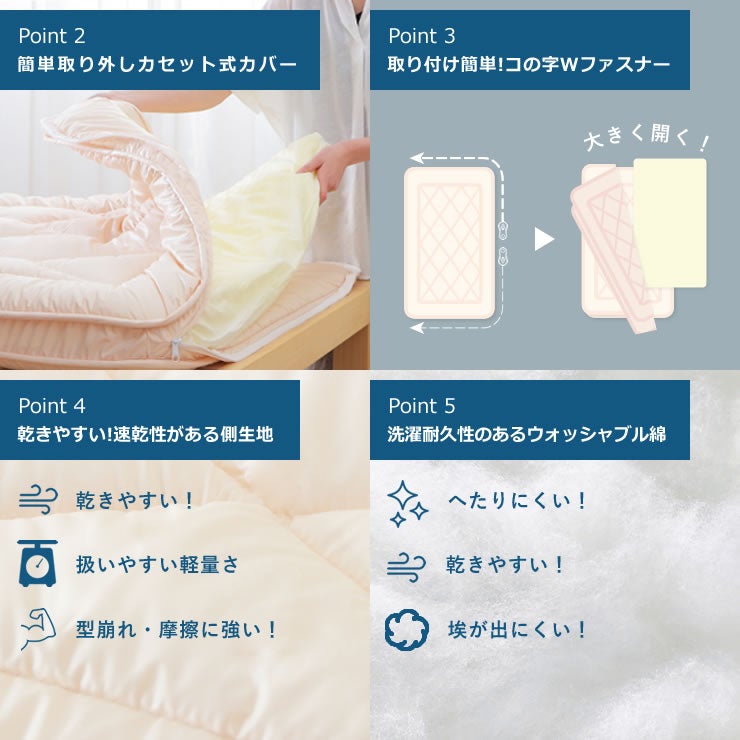 取り外しが簡単で乾きやすく洗濯耐久性のある敷布団